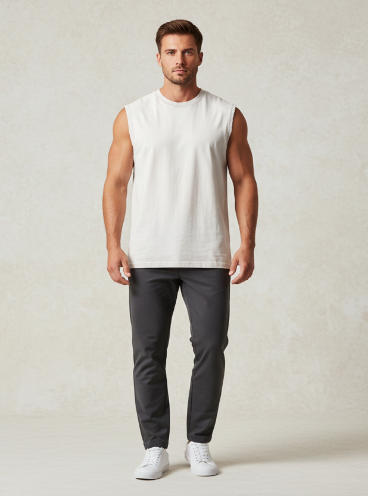 Man wearing a white sleeveless shirt and dark pants against a plain background