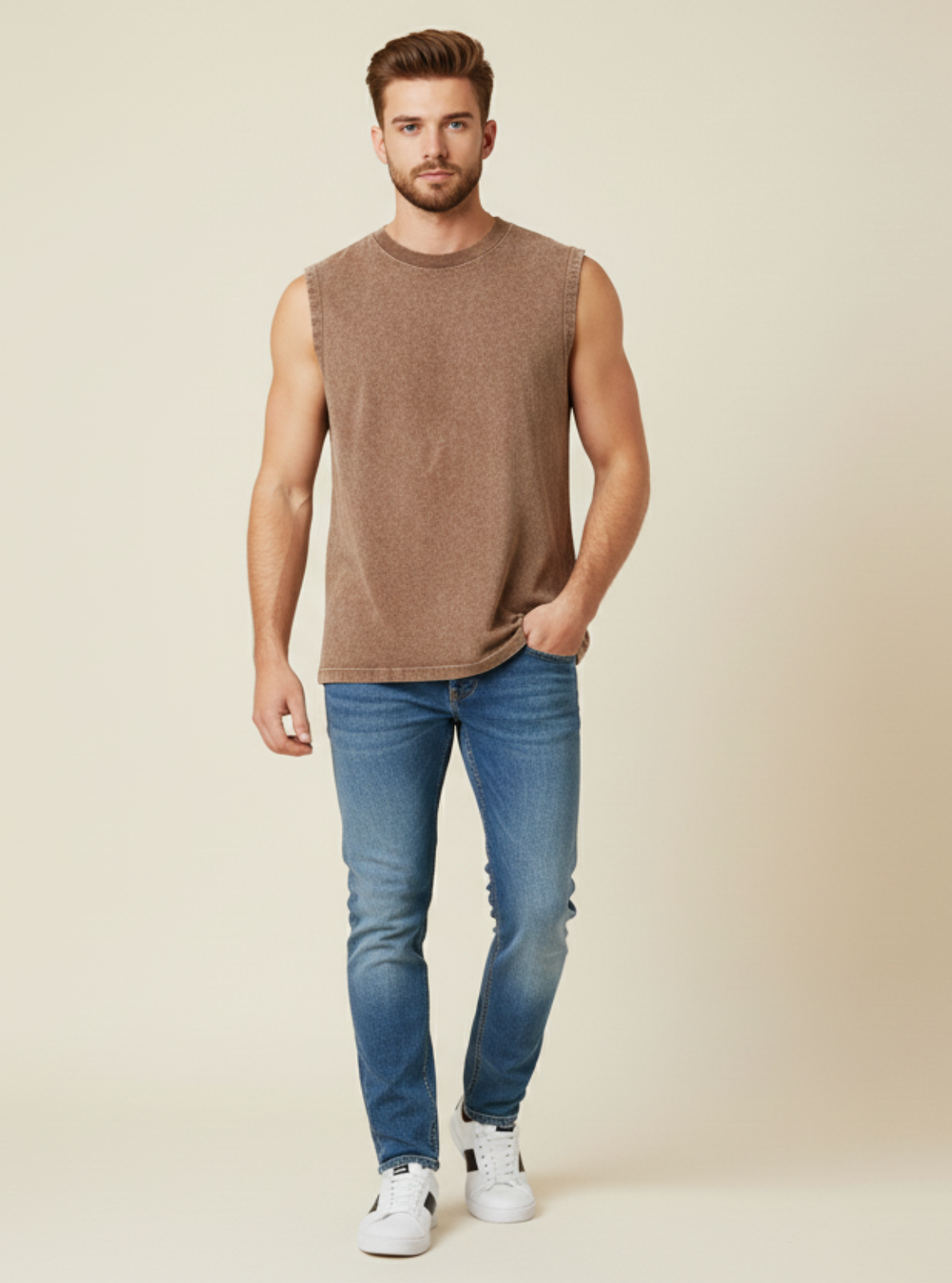Man wearing a brown sleeveless shirt and blue jeans against a beige background