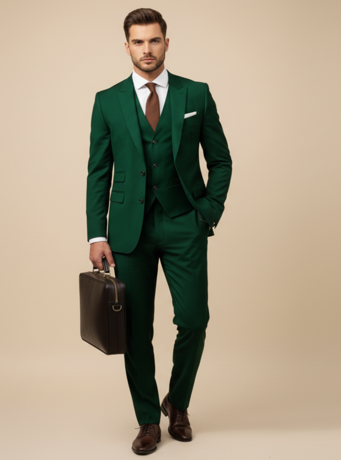 Man in a green suit holding a briefcase against a beige background