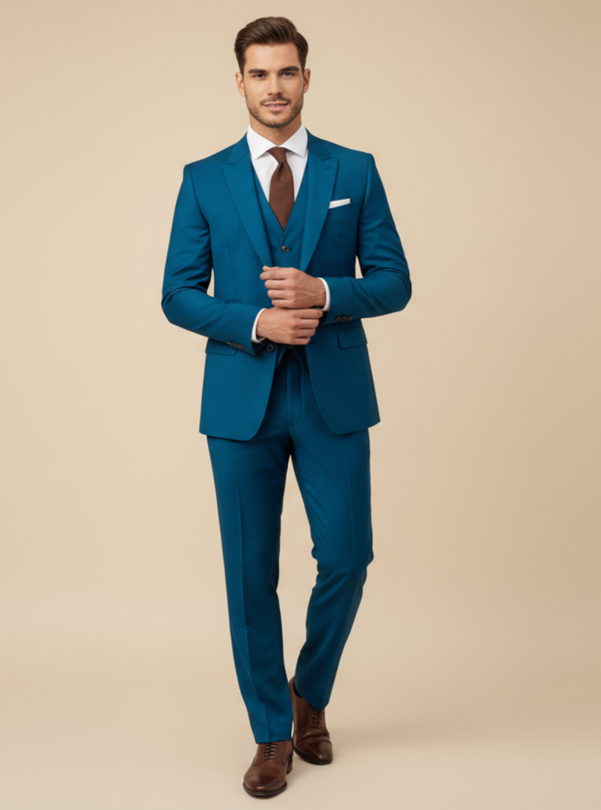 Man wearing a blue suit with a brown tie on a beige background