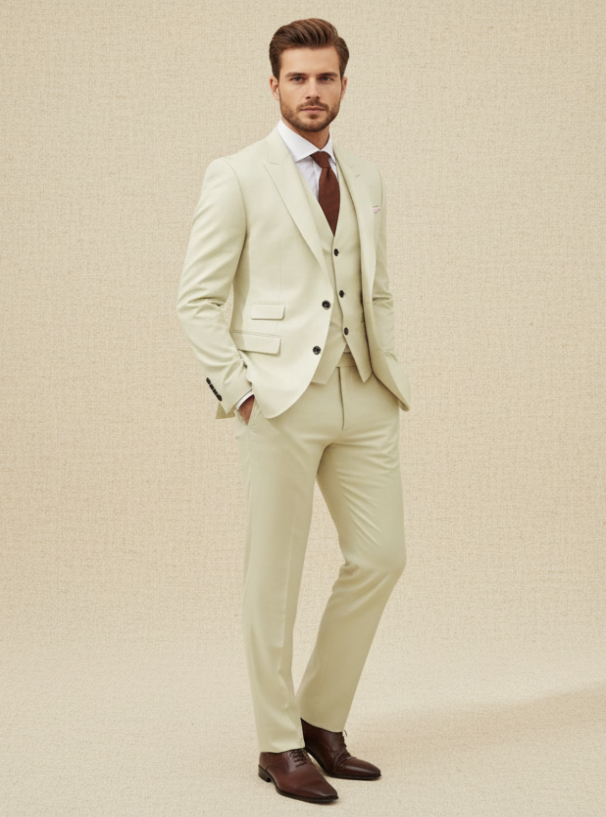 Man wearing a light-colored suit with a brown tie against a beige background