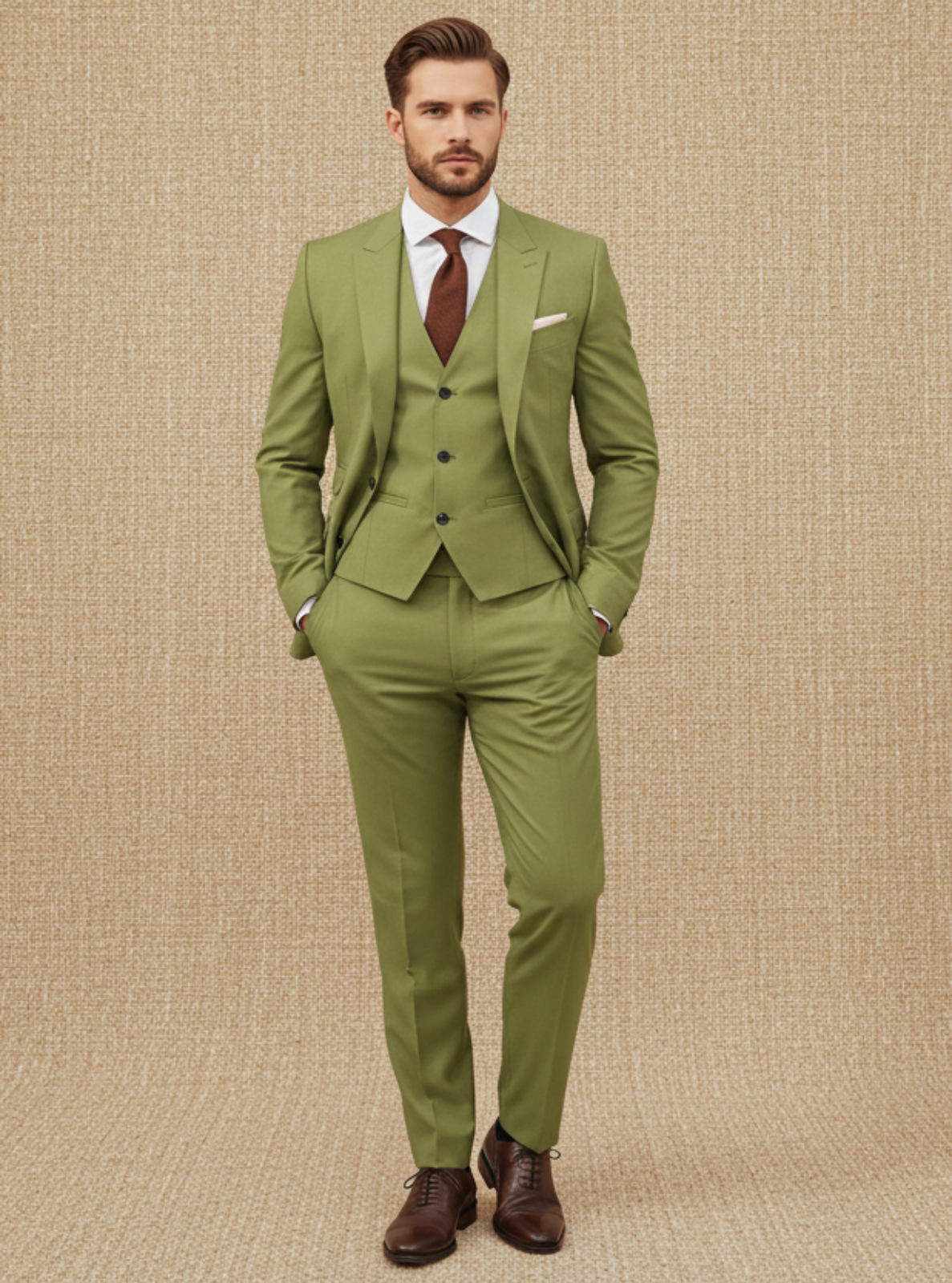 Man wearing a green suit with a brown tie against a beige background
