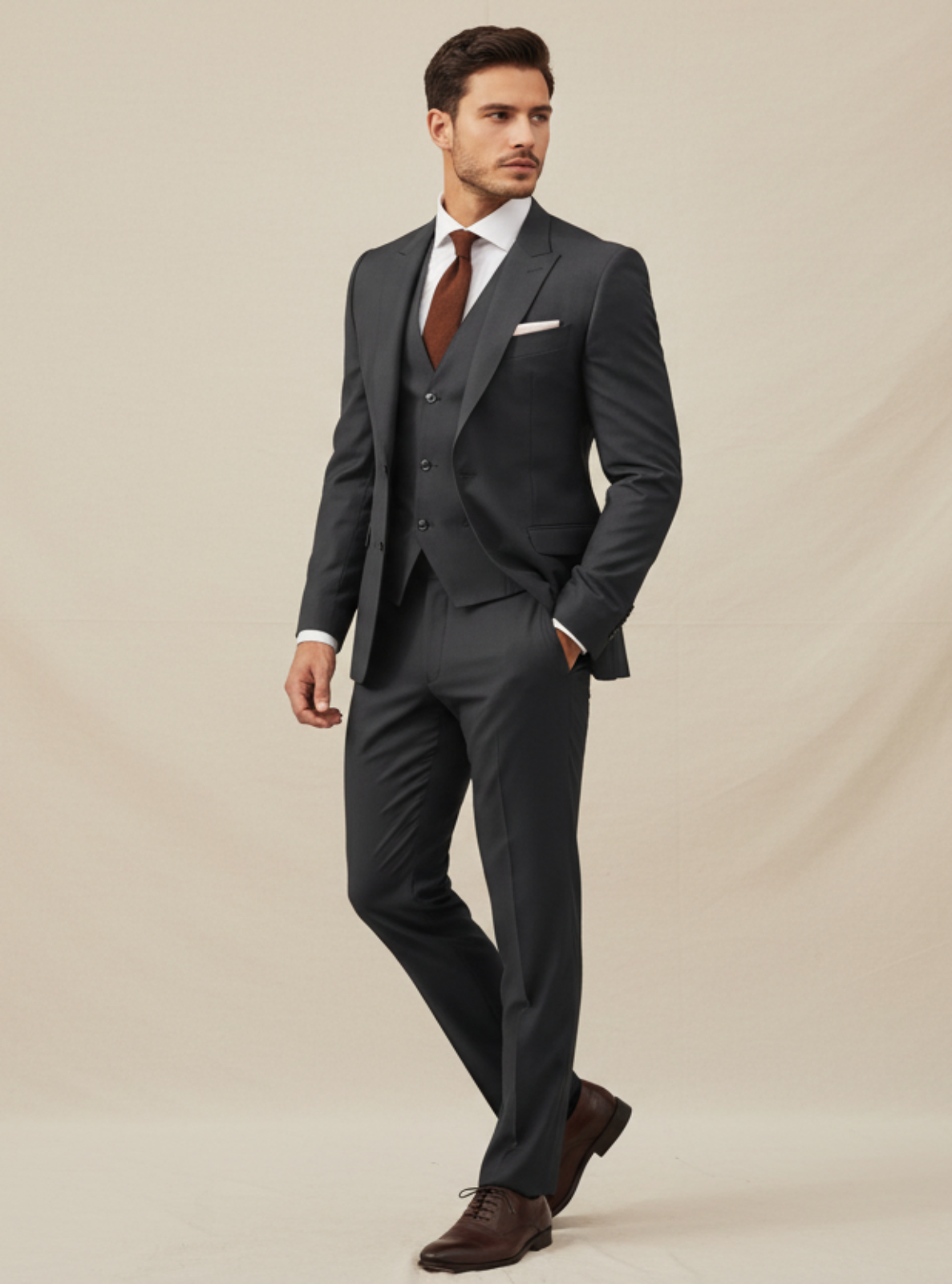 Man wearing a gray suit with a brown tie against a beige background