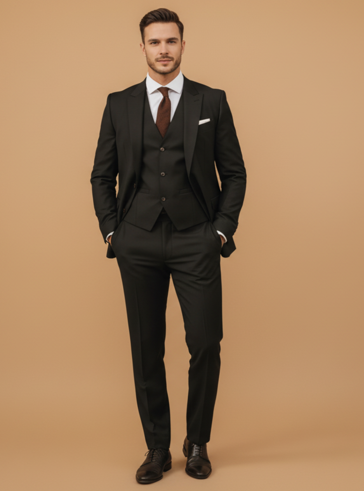 Man wearing a black suit with a brown background