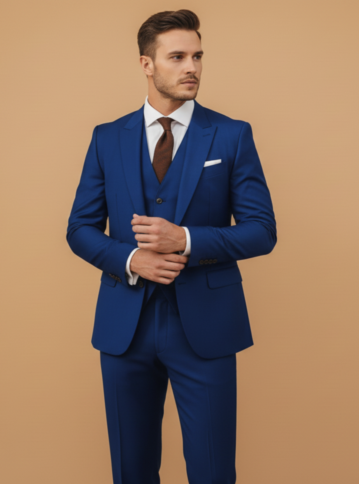 Man wearing a blue suit with a brown tie against a beige background