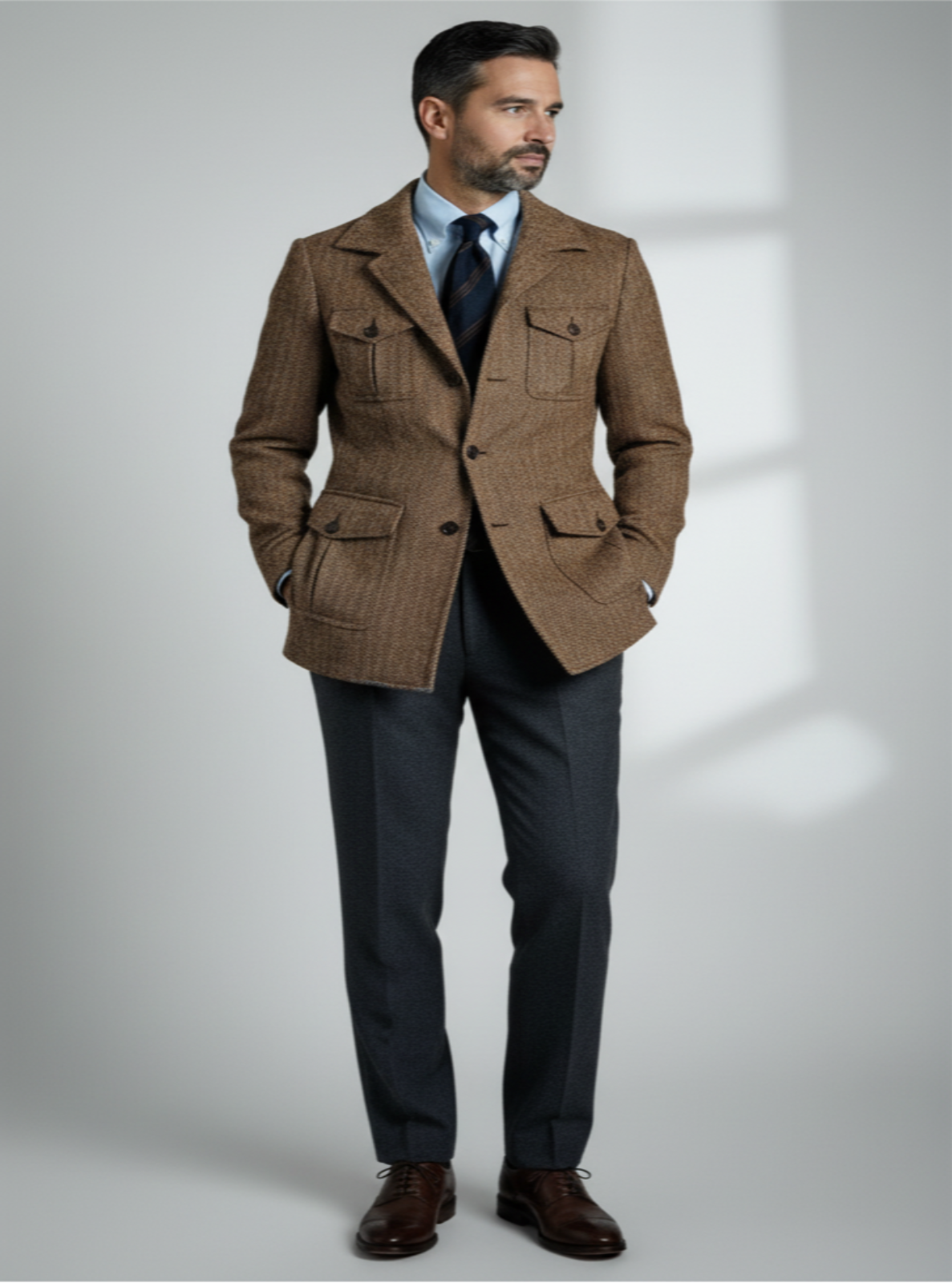 Man wearing a brown checkered jacket and dark pants on a light gray background