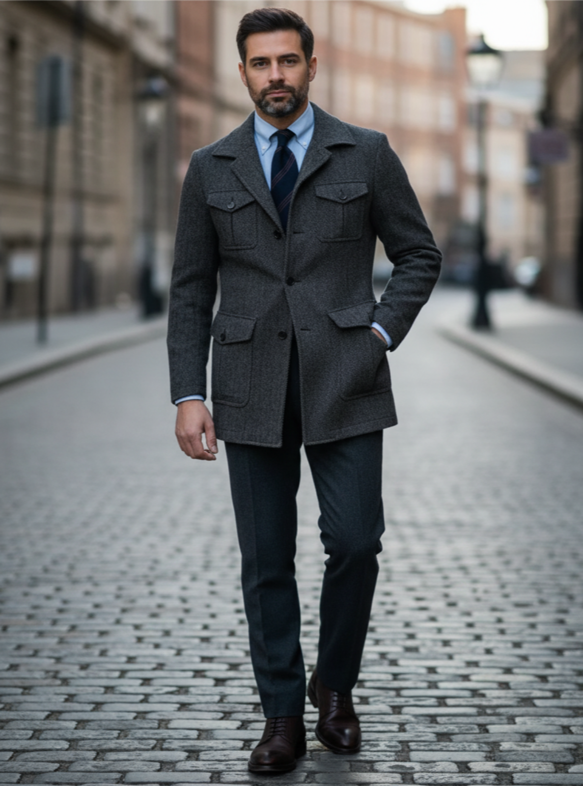 Man in a gray coat and suit standing on a city street