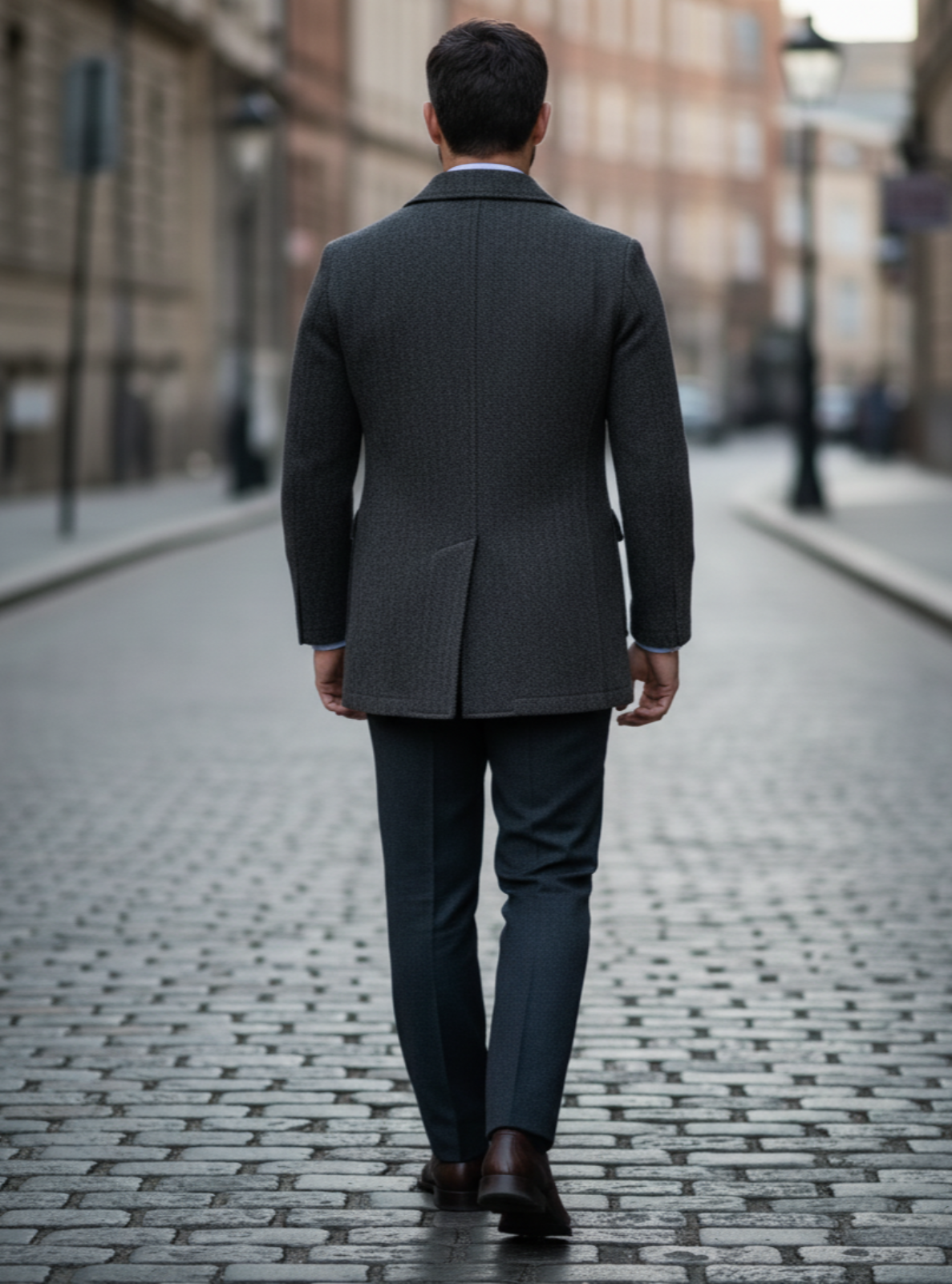 Man in a gray suit walking away on a city street