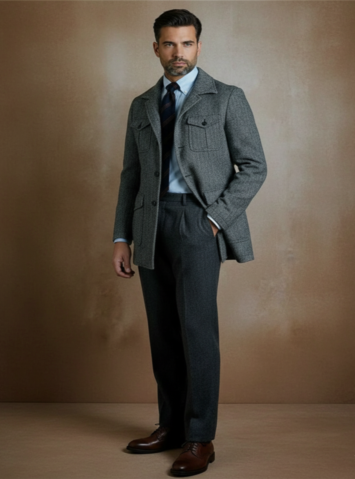 Man wearing a gray suit with a brown background