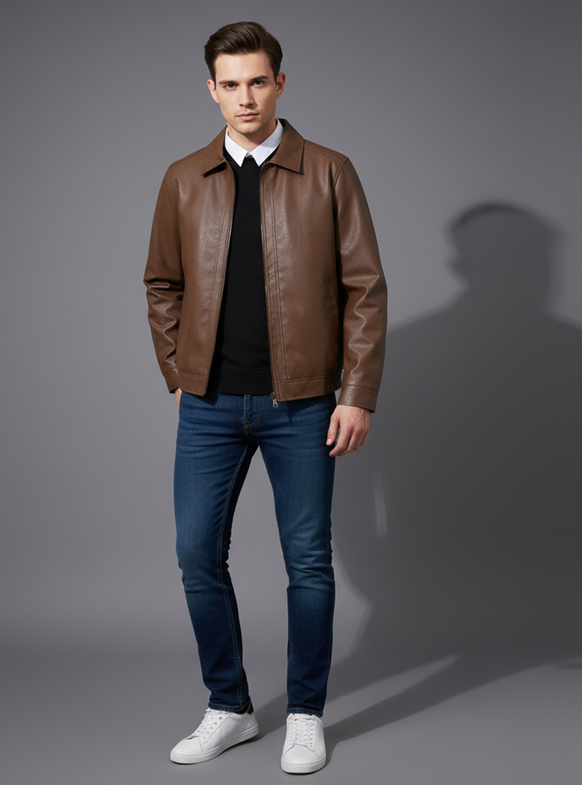Man wearing a brown leather jacket, black shirt, blue jeans, and white sneakers on a gray background