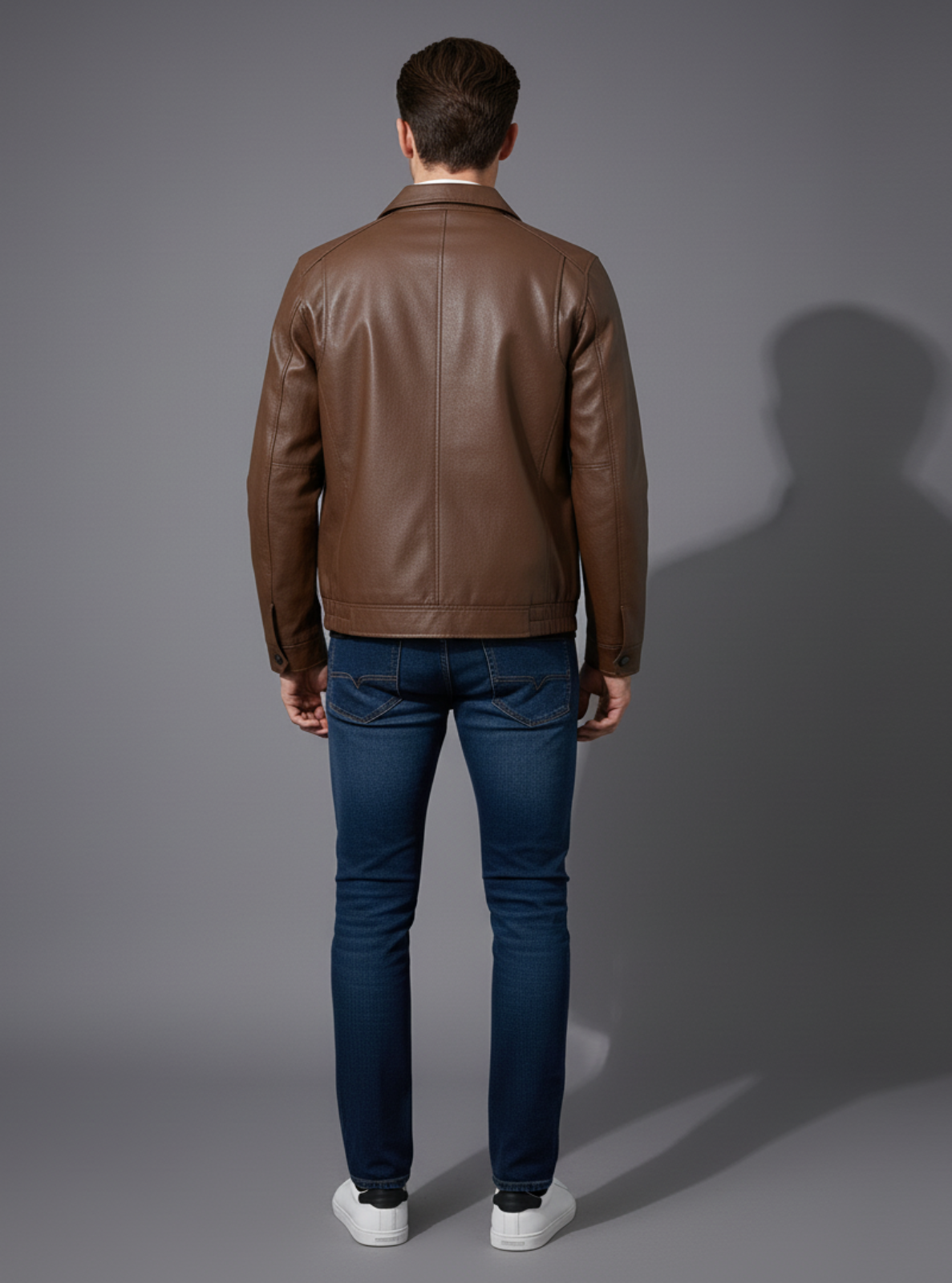 Man wearing a brown leather jacket and blue jeans on a gray background
