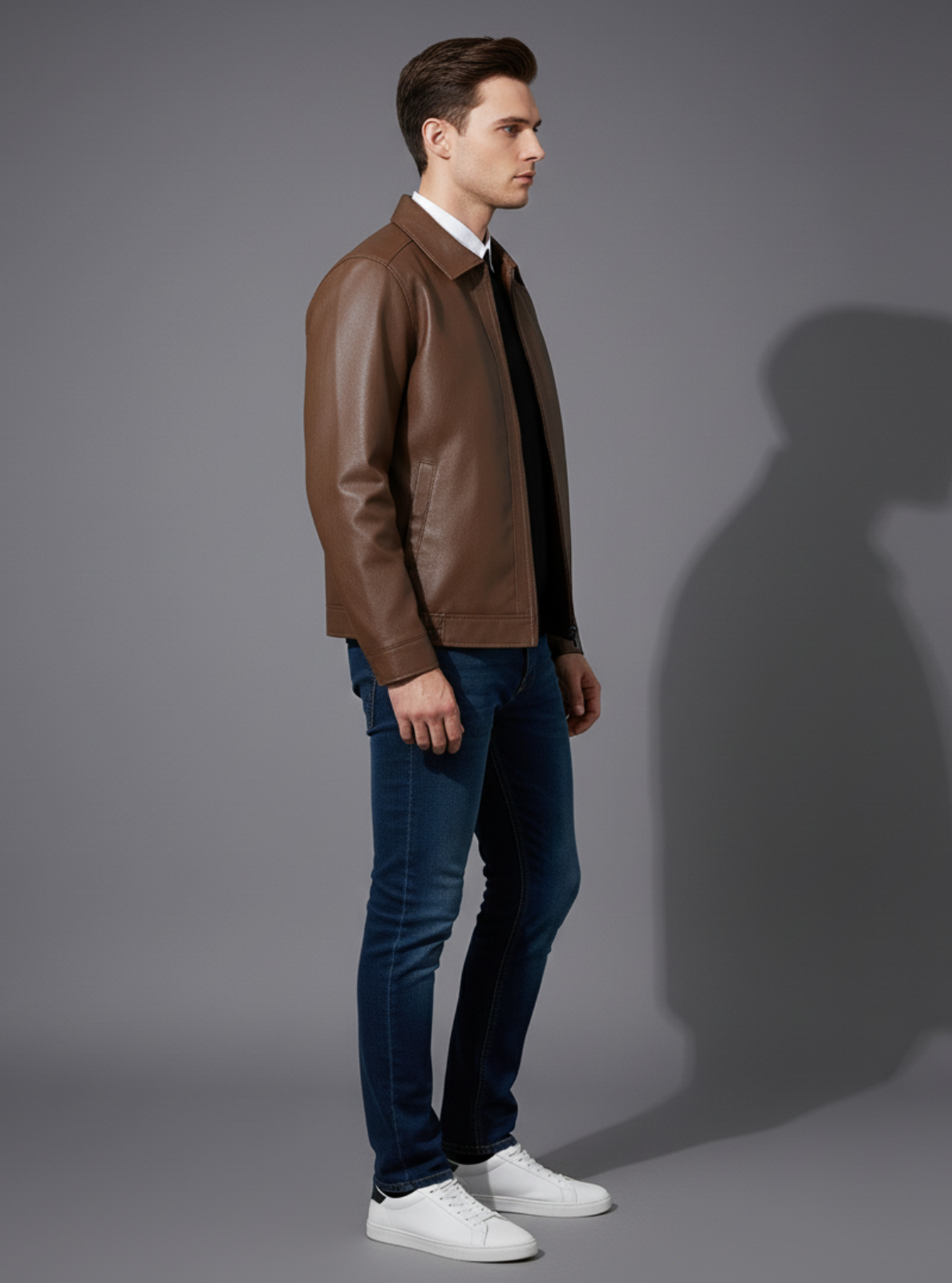 Man wearing a brown leather jacket, dark jeans, and white sneakers on a gray background