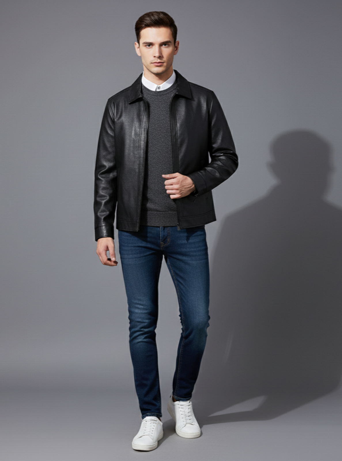 Man wearing a black leather jacket, gray sweater, blue jeans, and white sneakers on a gray background