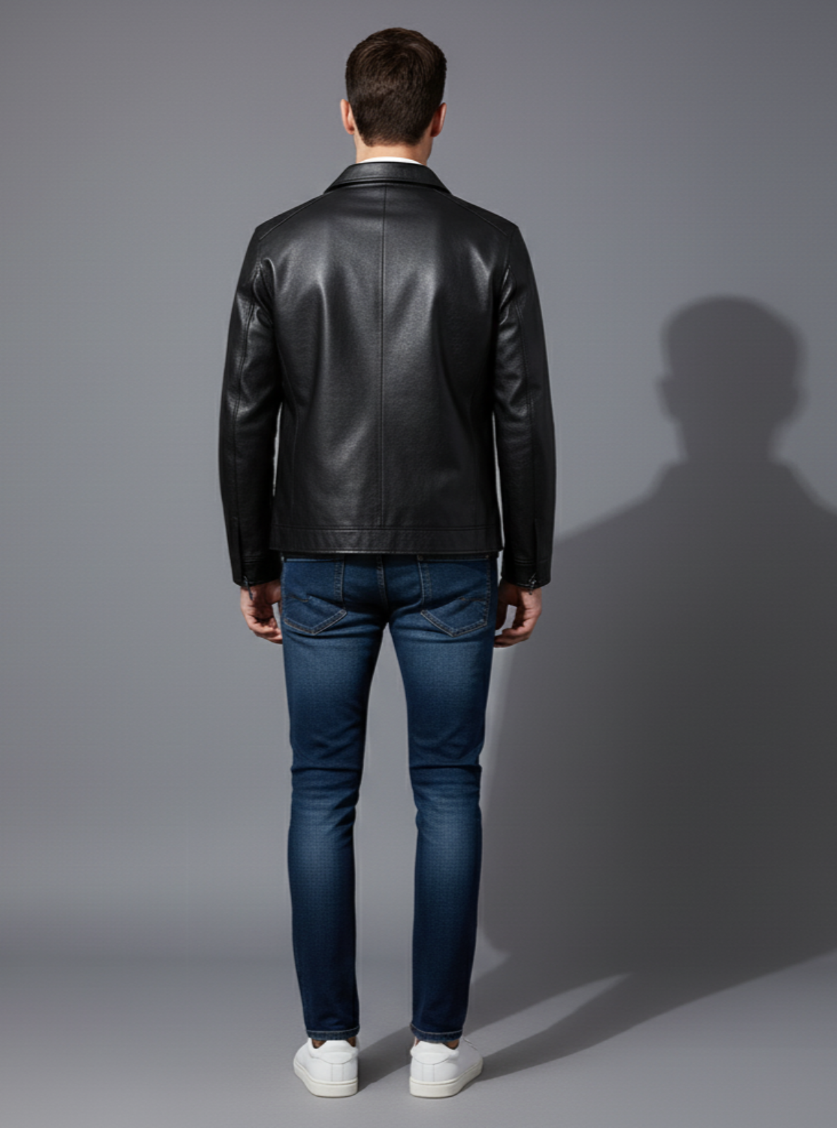 Man wearing a black leather jacket and blue jeans standing against a gray background