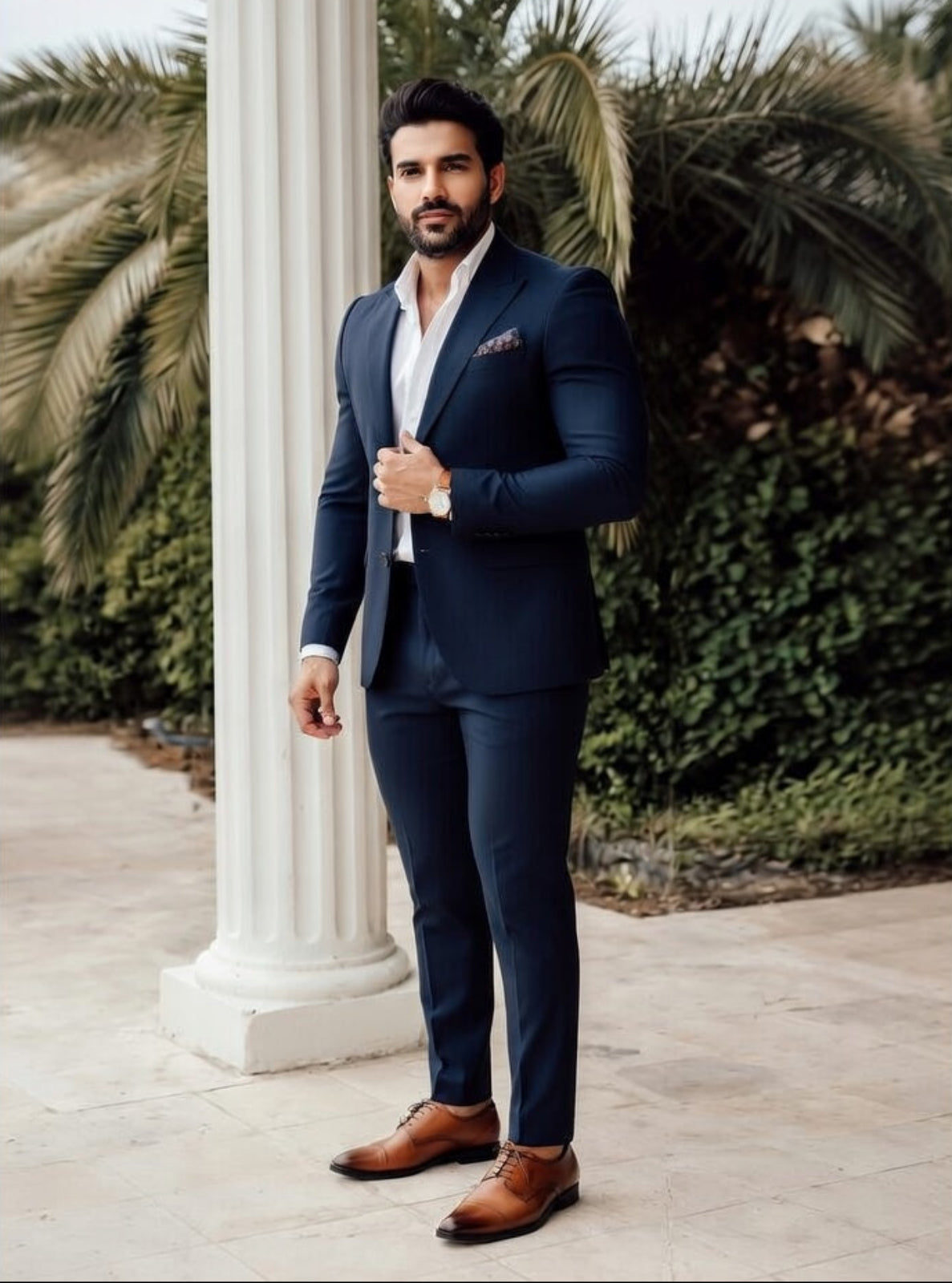 Man in a blue suit standing outdoors with columns and greenery in the background