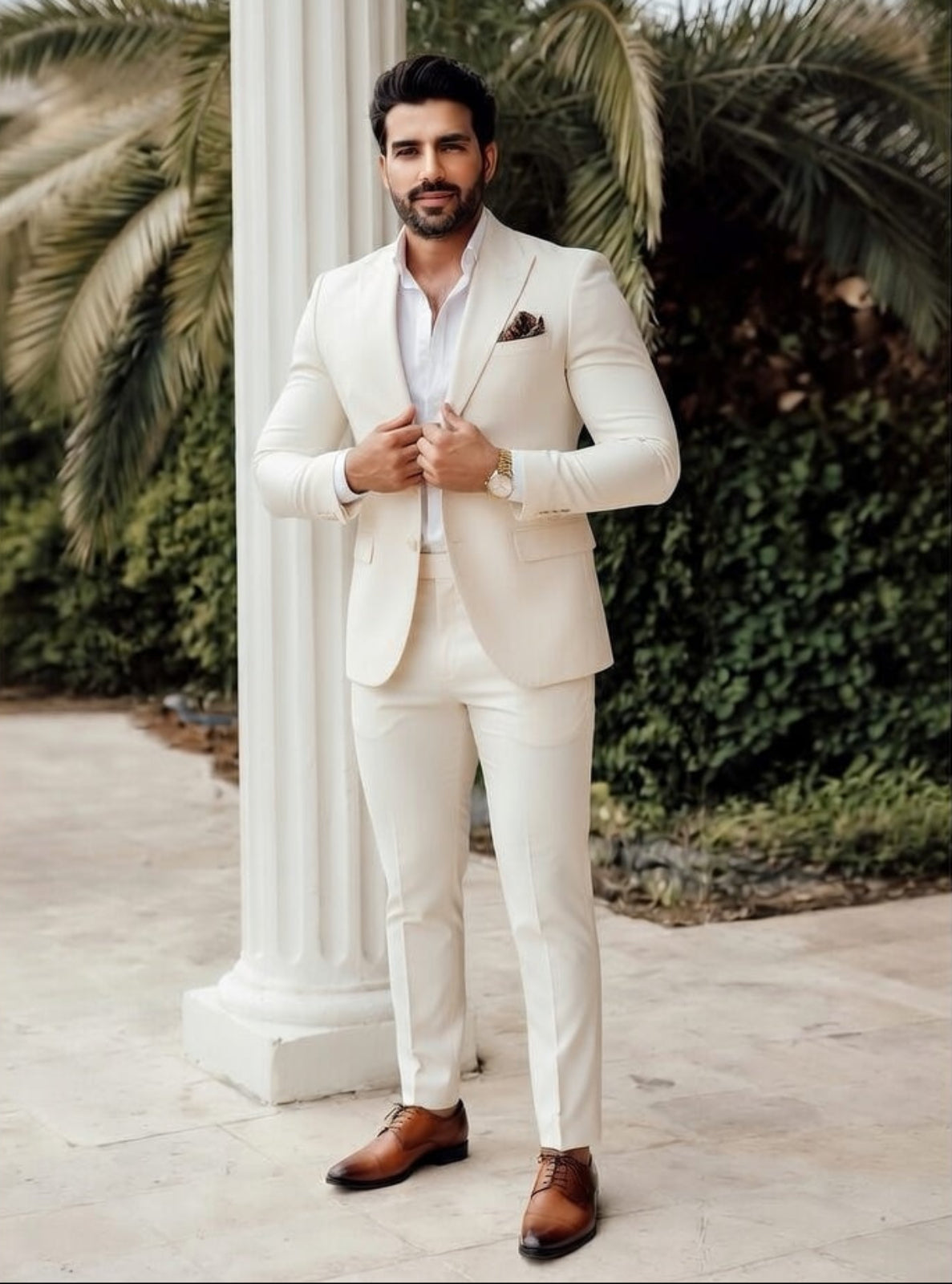 Man in a white suit standing outdoors with columns and greenery in the background