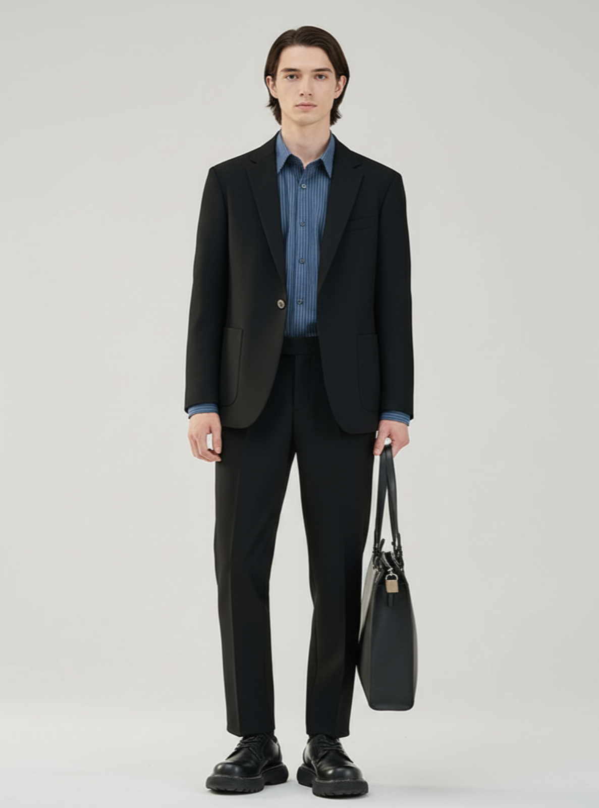 Man wearing a black suit with a blue shirt, holding a black bag on a white background