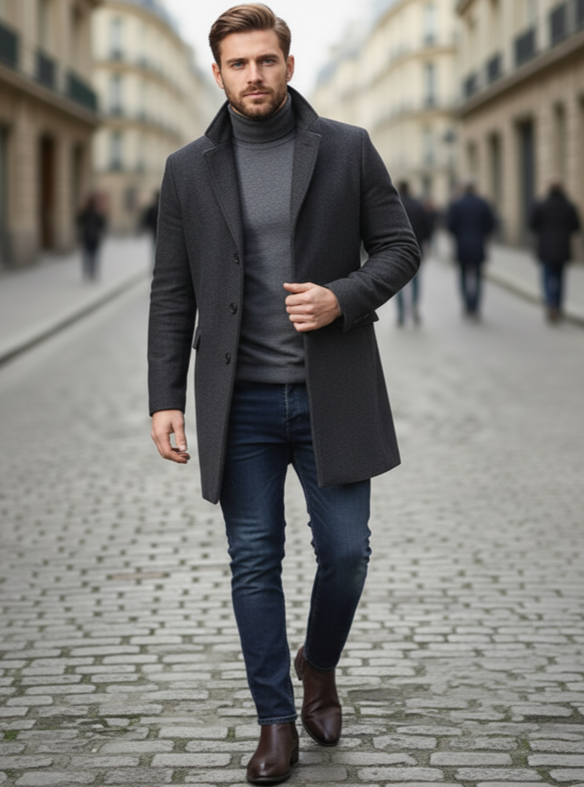 Man walking on a street wearing a dark coat, gray sweater, and blue jeans.