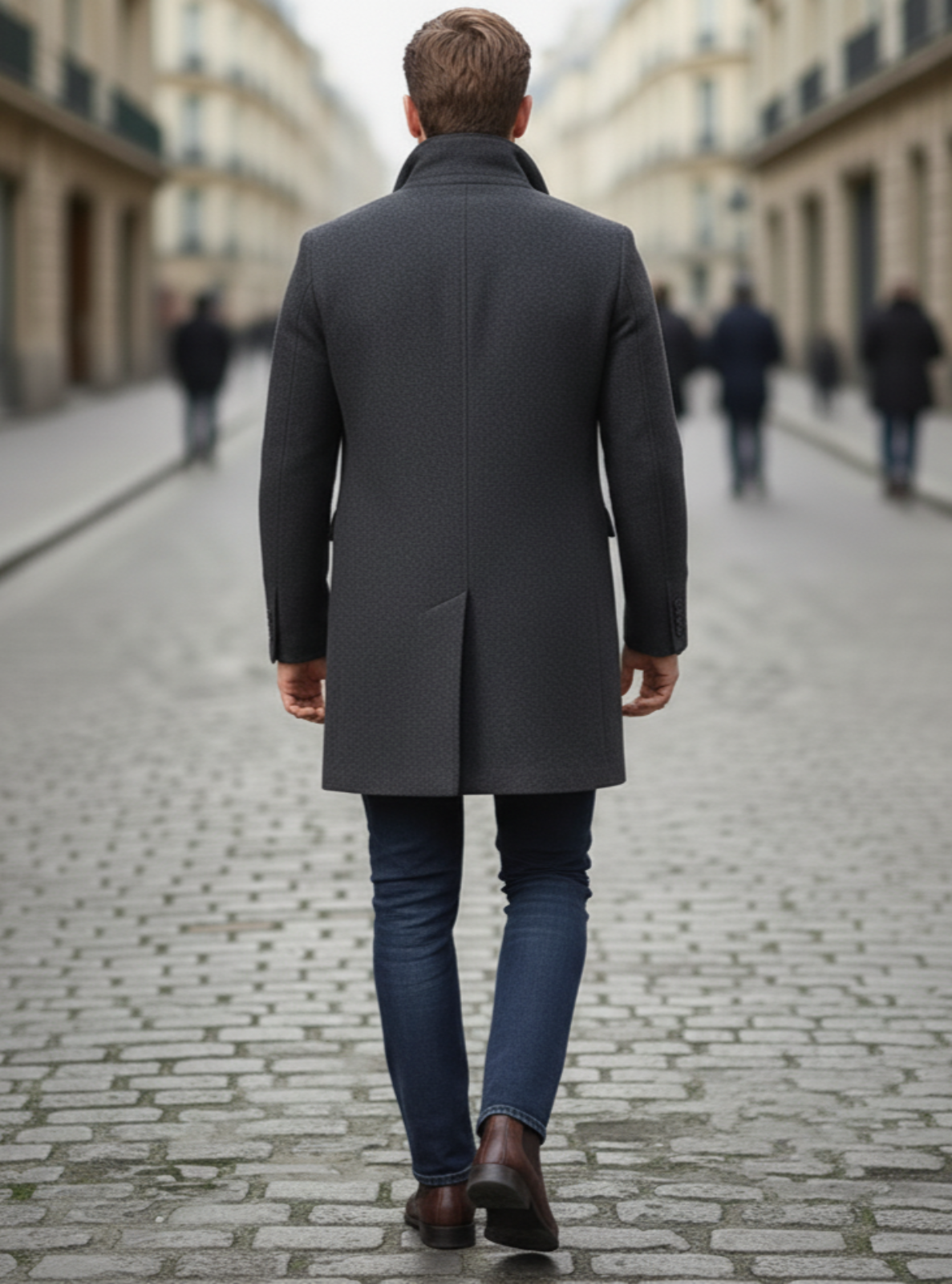 Man walking down a cobblestone street wearing a dark gray coat.