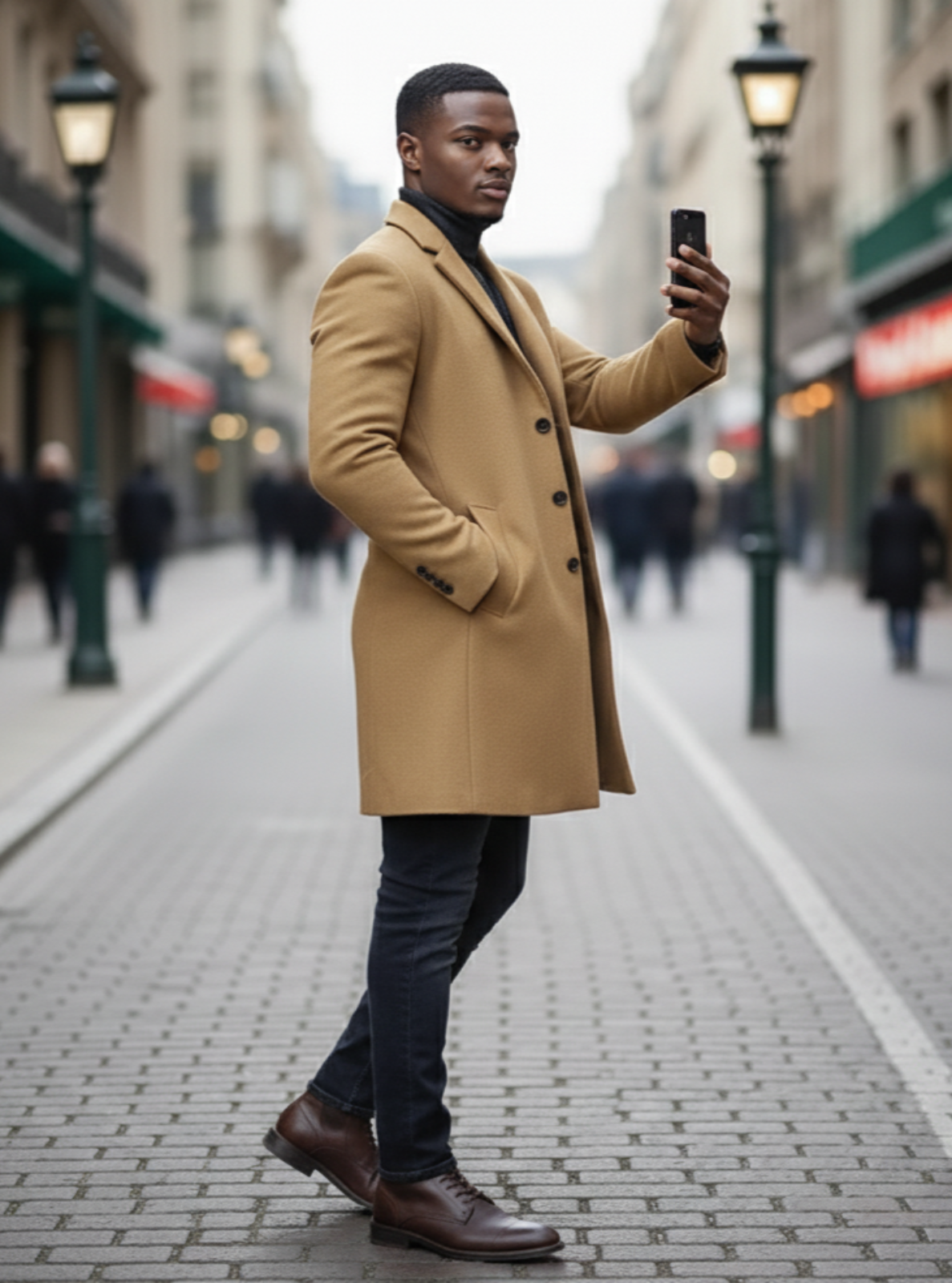 Man in a tan coat taking a selfie on a city street