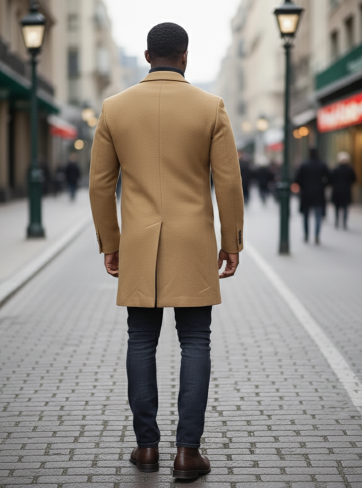 Man wearing a tan coat walking down a city street