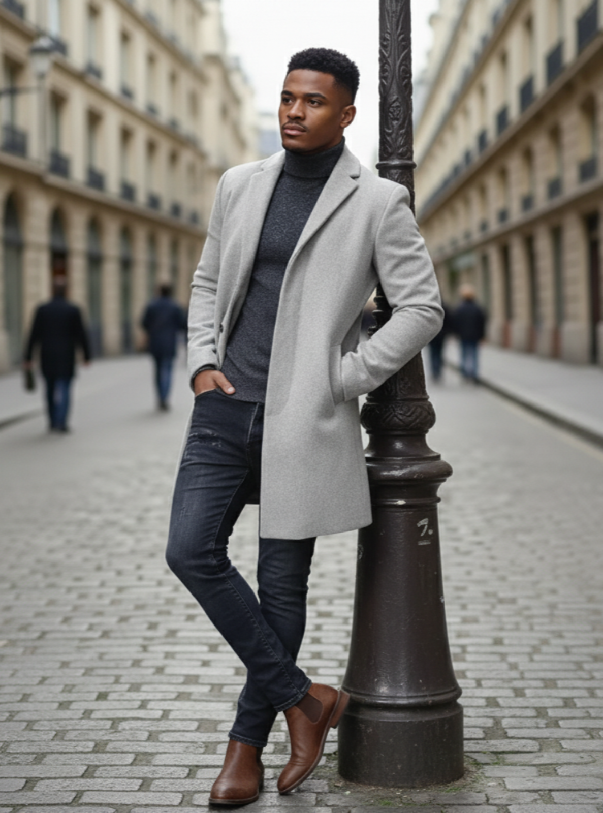 Man in a gray coat standing on a city street, leaning against a lamp post.