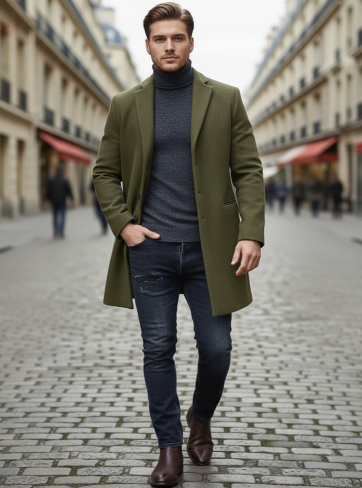 Man wearing a green coat and blue jeans on a city street