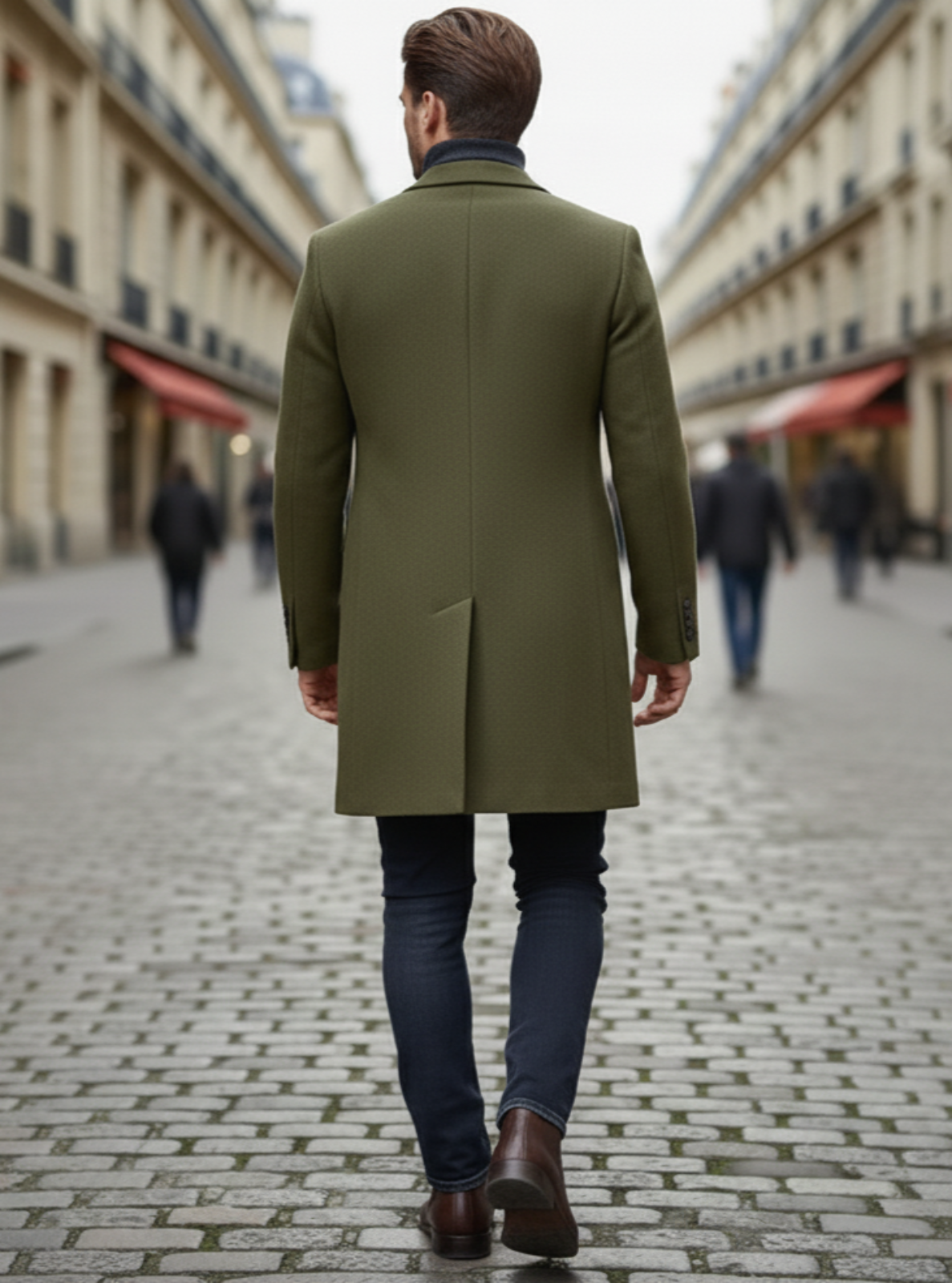 Man walking down a city street wearing a green coat.