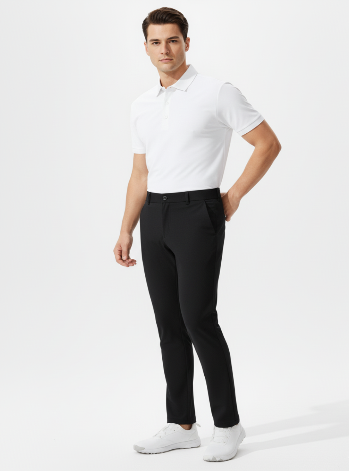 Man wearing a white polo shirt and black pants on a white background