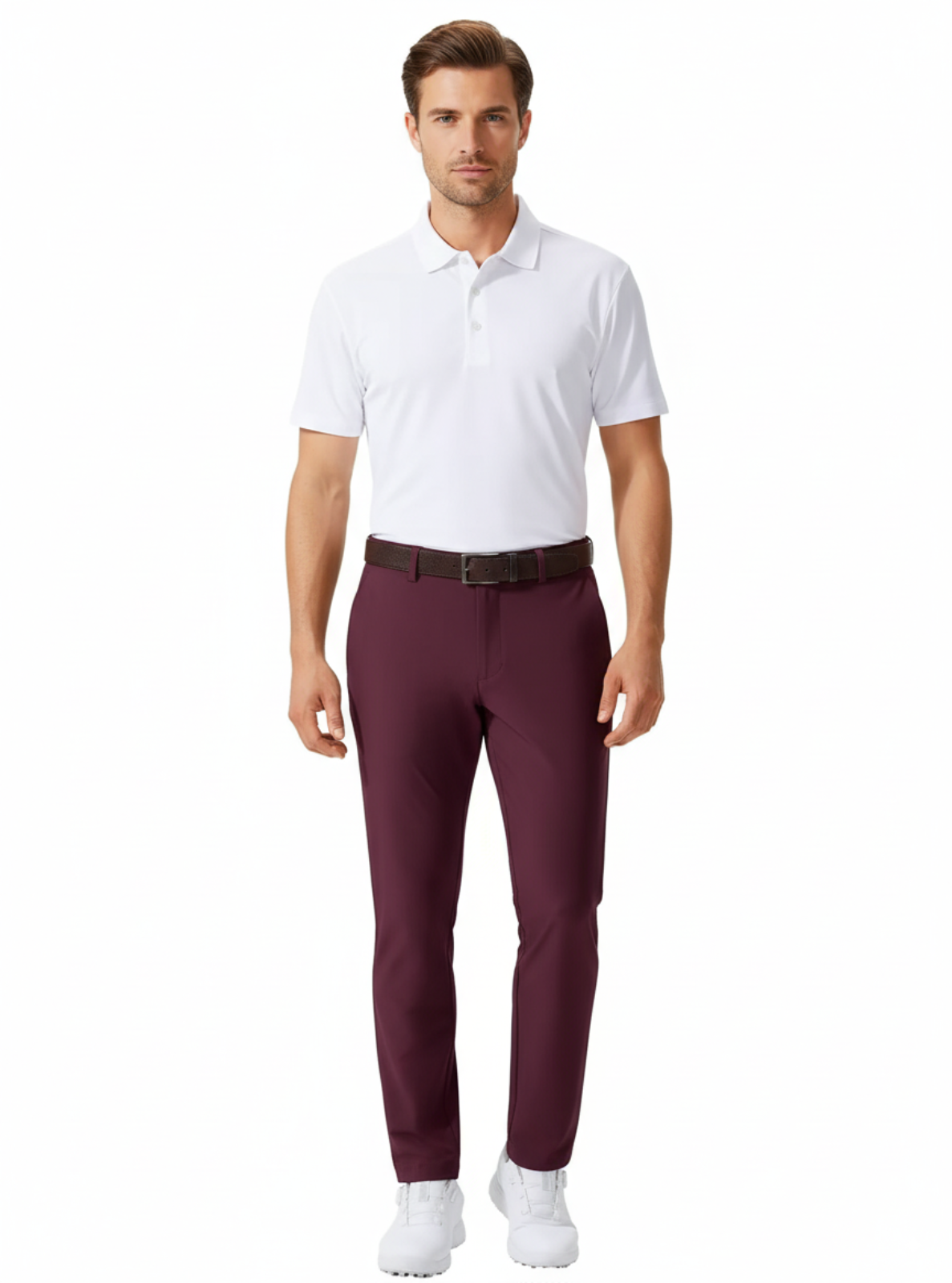 Man wearing a white polo shirt and burgundy pants on a white background