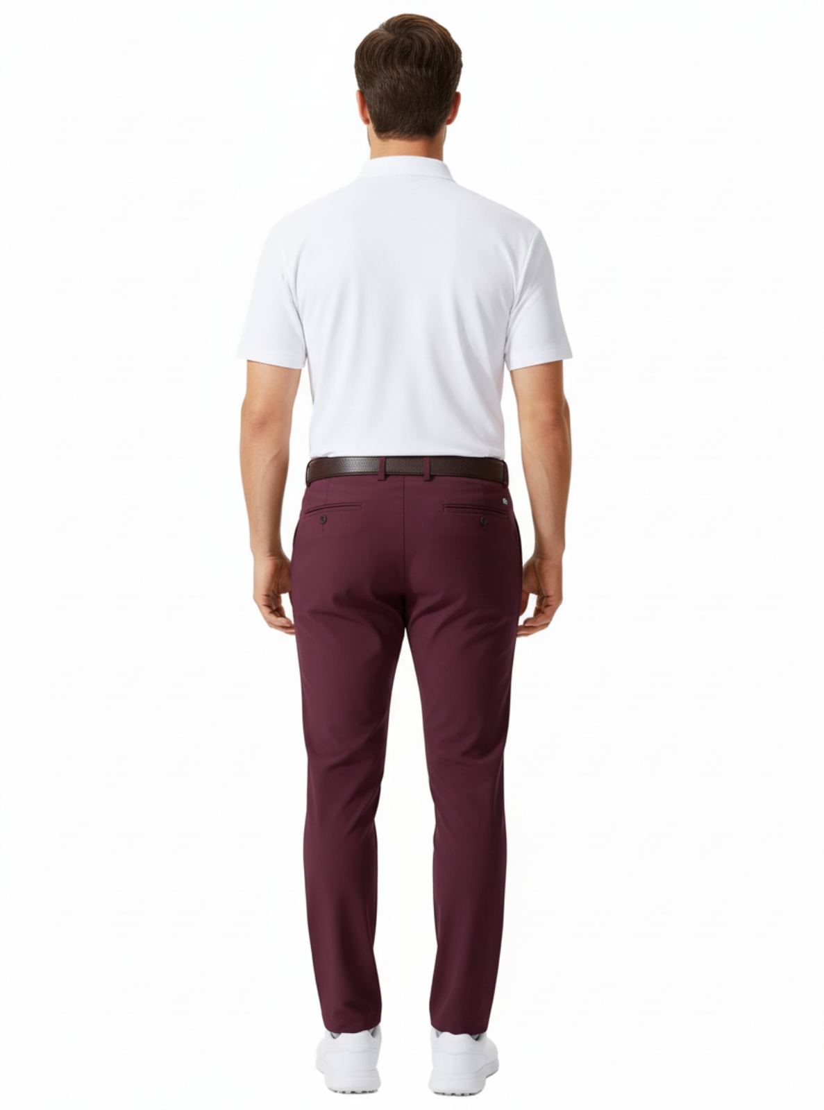 Man wearing a white polo shirt and maroon pants on a white background