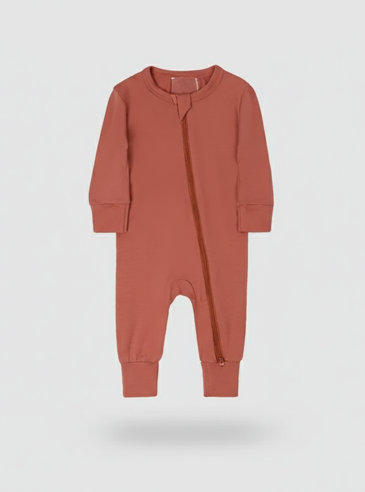 Brown baby onesie on a light gray background