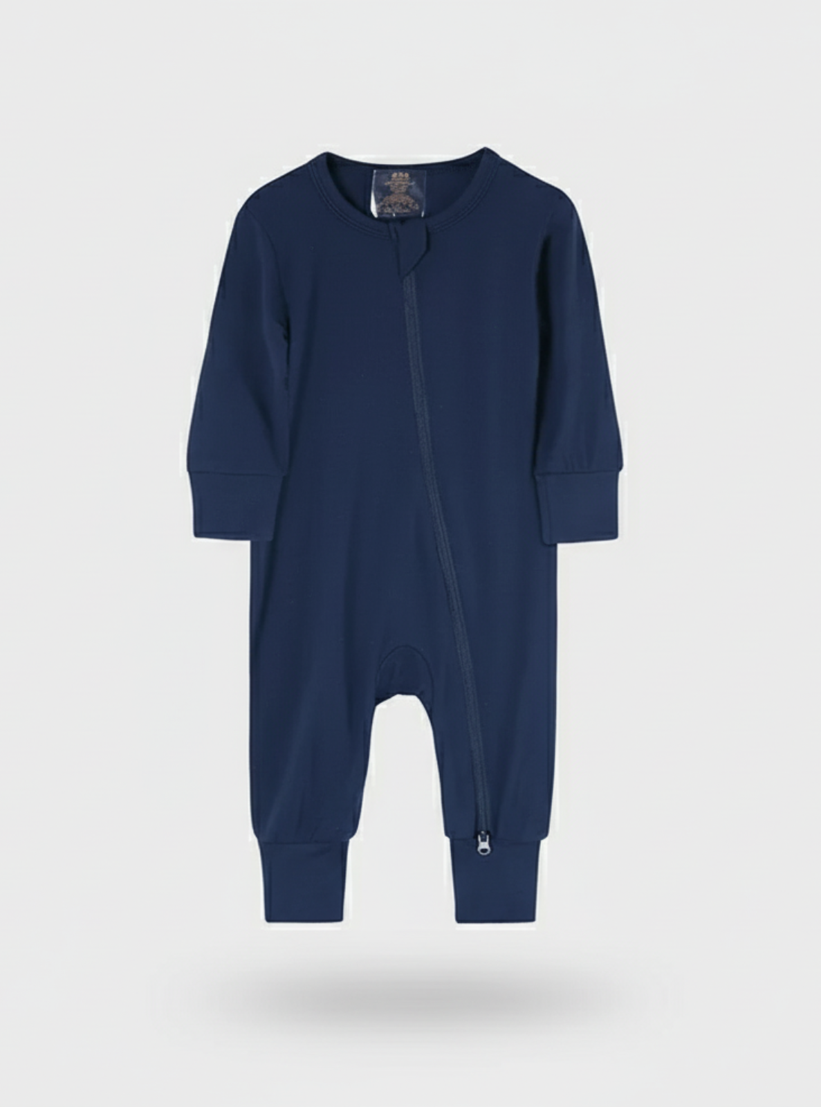 Navy blue baby onesie on a light gray background