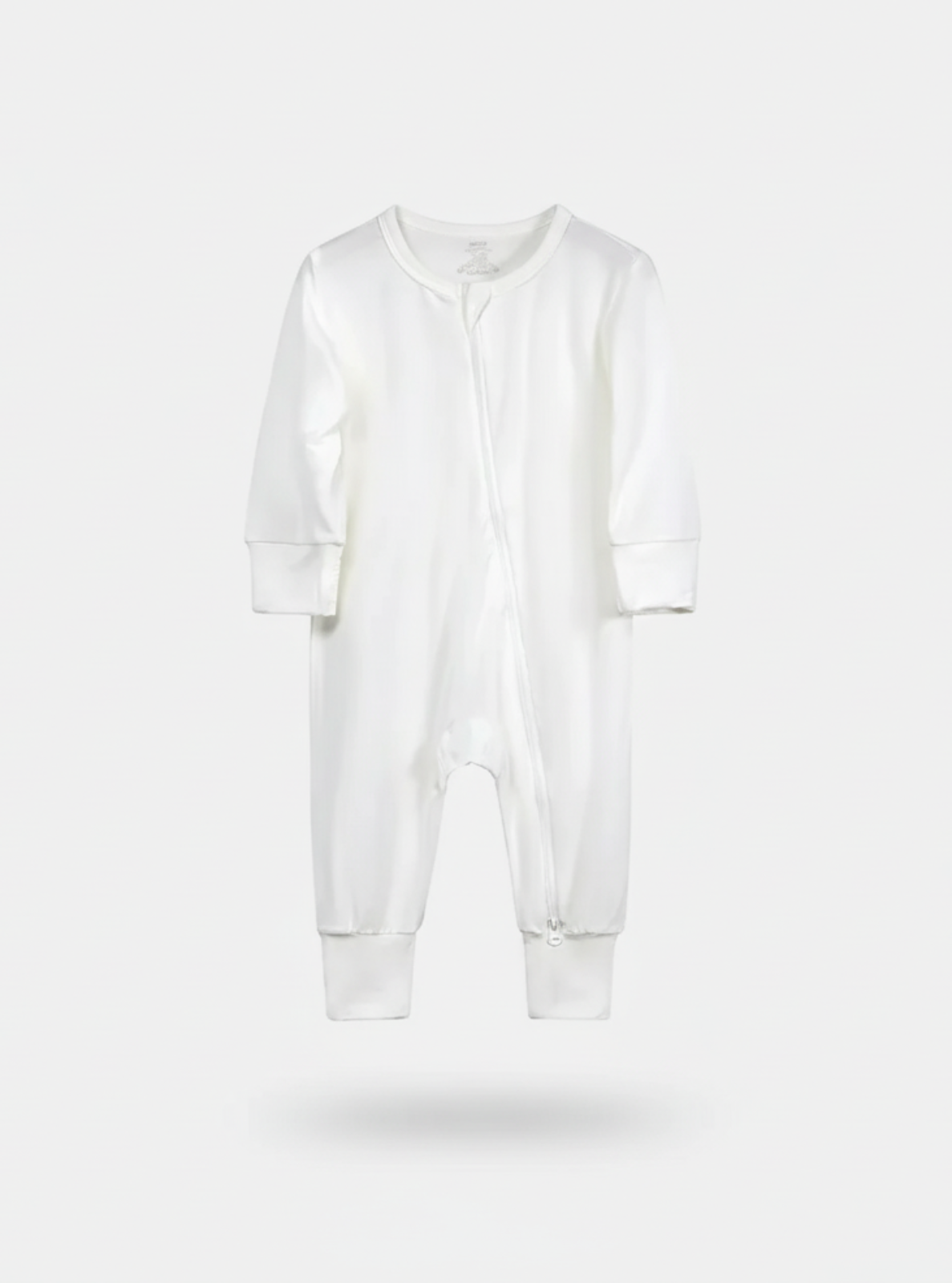 White baby onesie on a light gray background