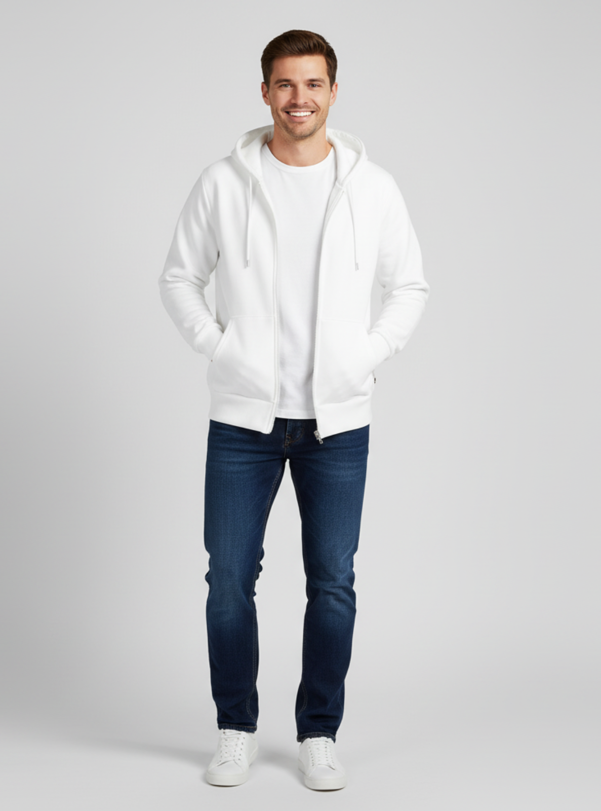 Man wearing a white hoodie and blue jeans on a gray background