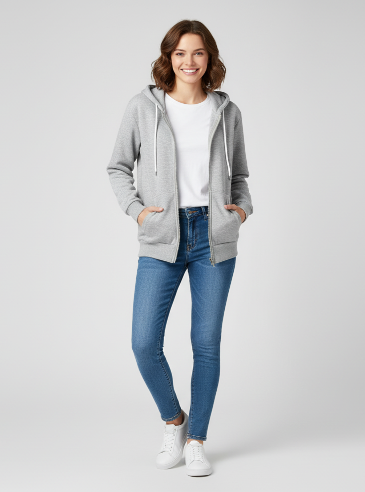Woman wearing a gray hoodie, white t-shirt, blue jeans, and white sneakers on a light gray background