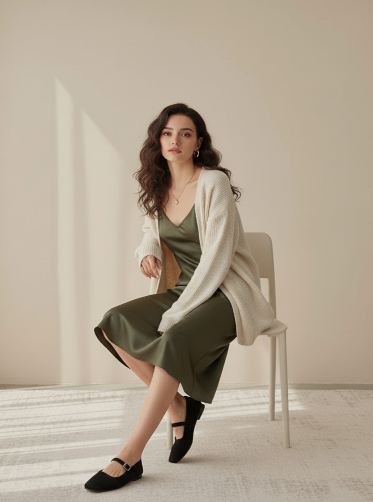 Woman sitting on a chair wearing a green dress and white cardigan in a minimalistic room.
