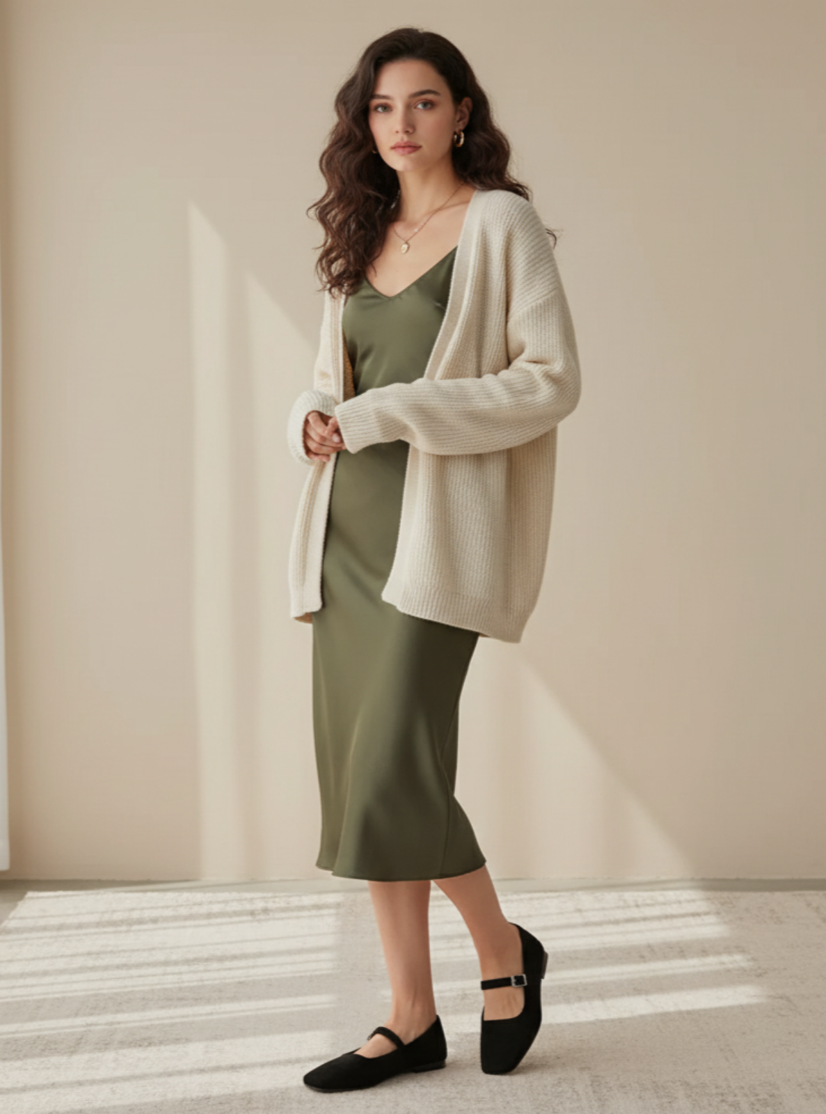 Woman wearing a green dress and beige cardigan in a bright room.