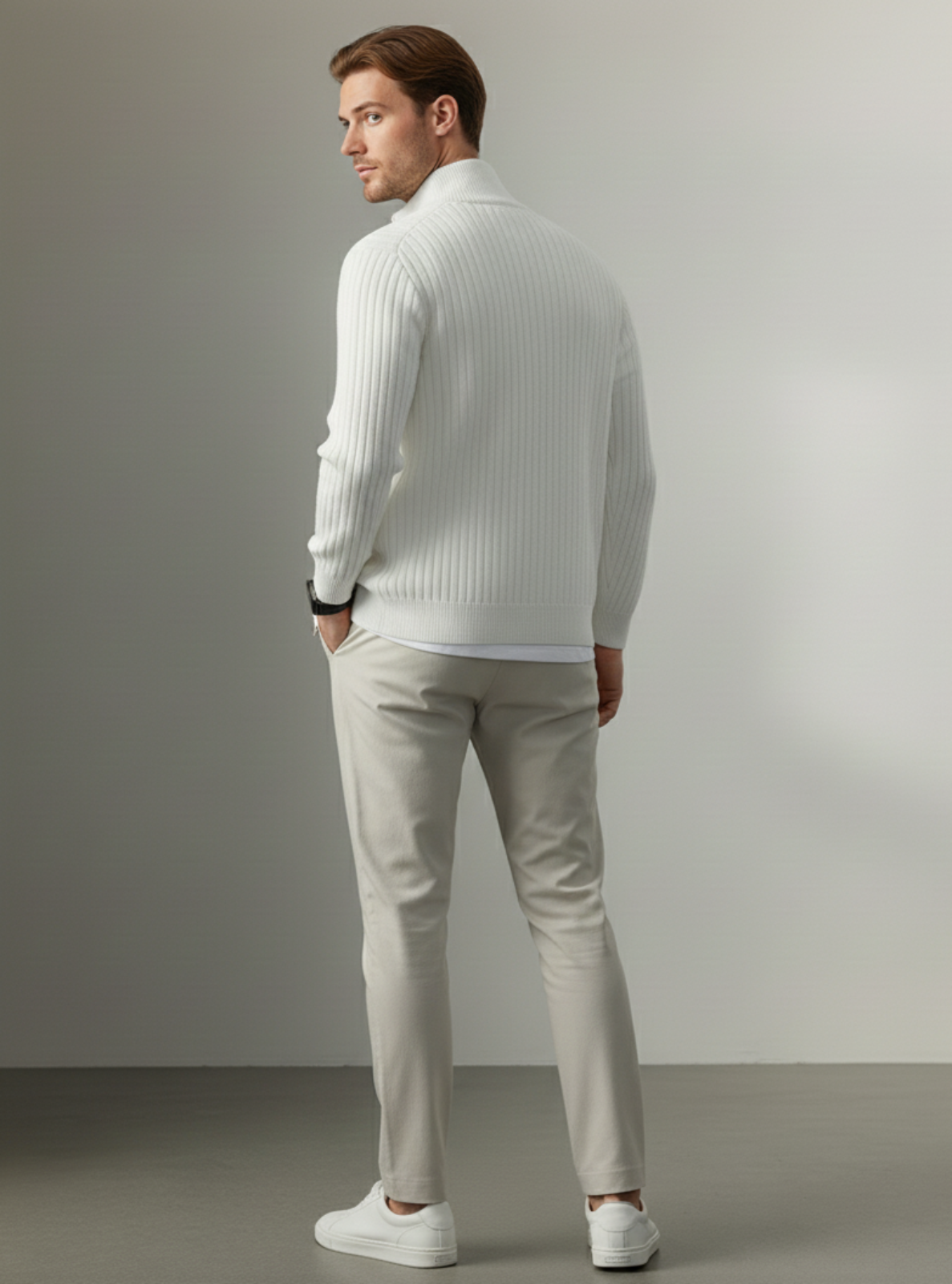 Man wearing a light gray sweater and beige pants against a plain background