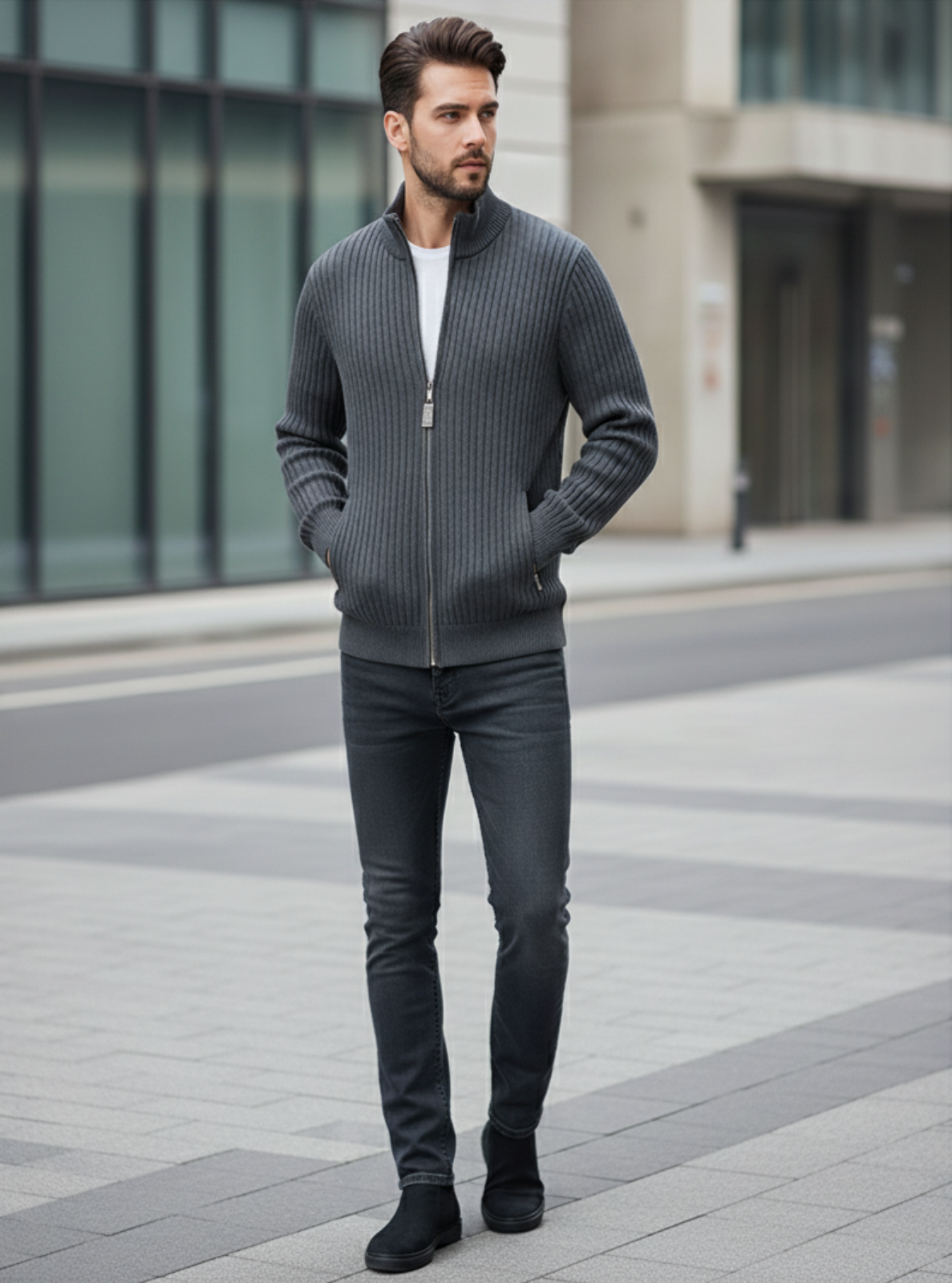 Man wearing a gray zip-up sweater and black pants standing on a city street.