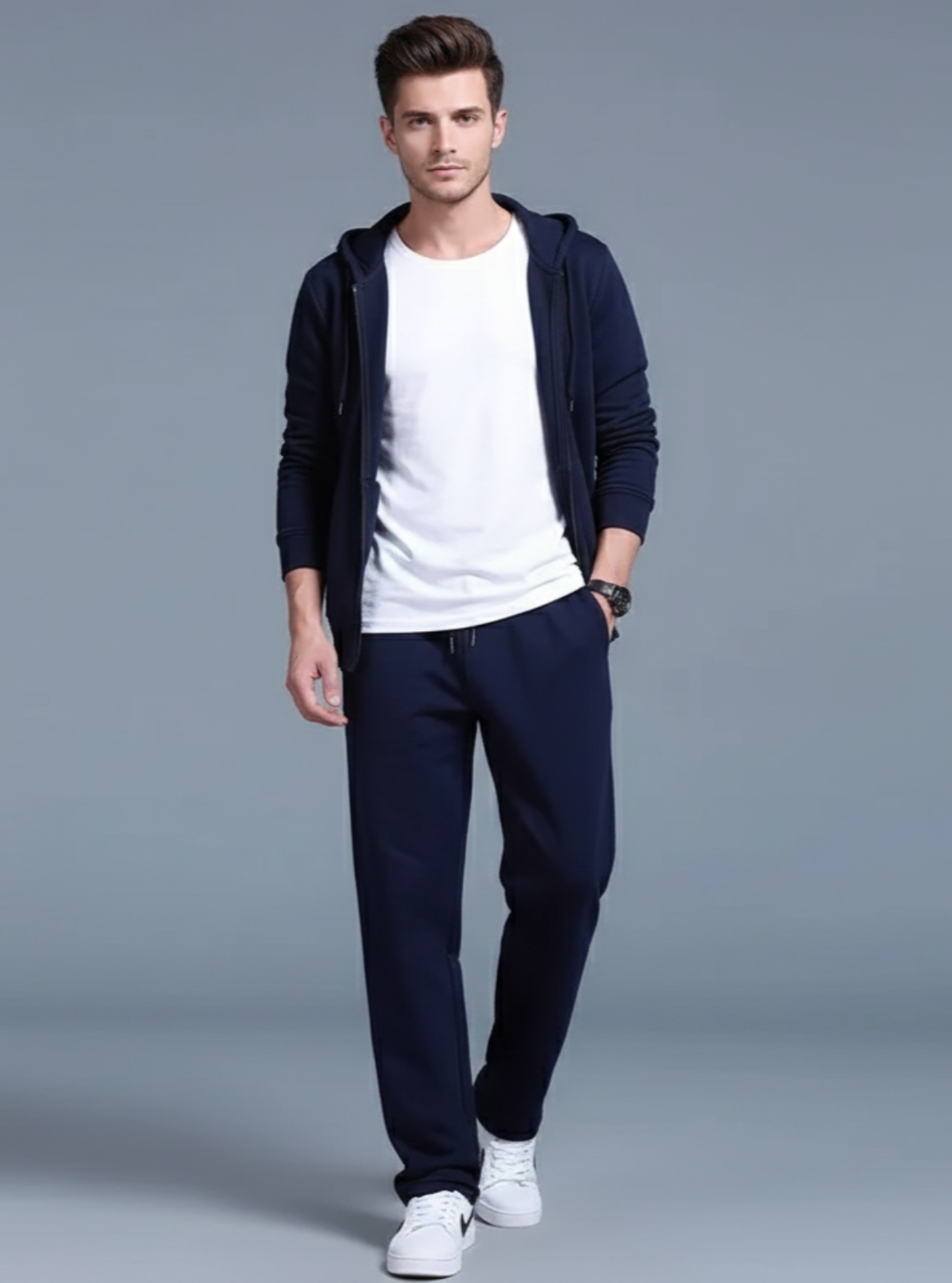 Man wearing a navy hoodie, white t-shirt, and dark pants on a gray background