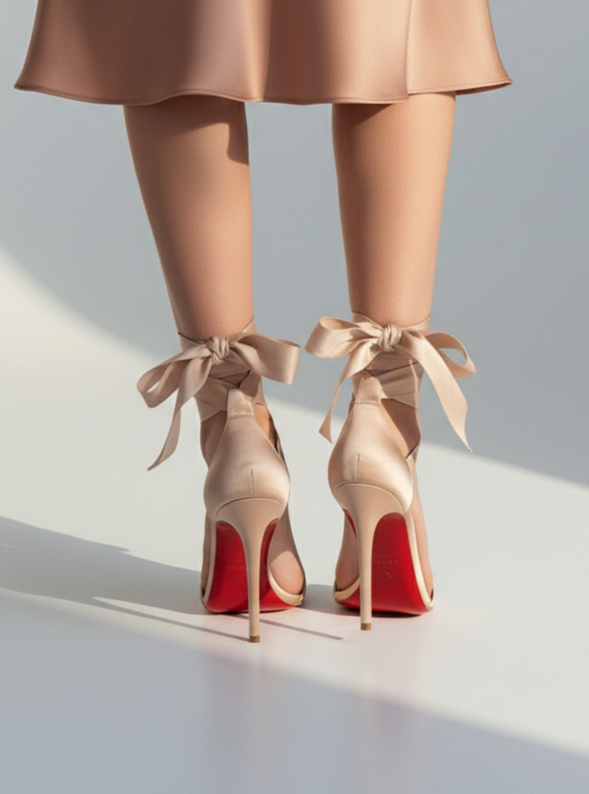 Beige high-heeled shoes with red soles worn by a person in a beige skirt on a light background