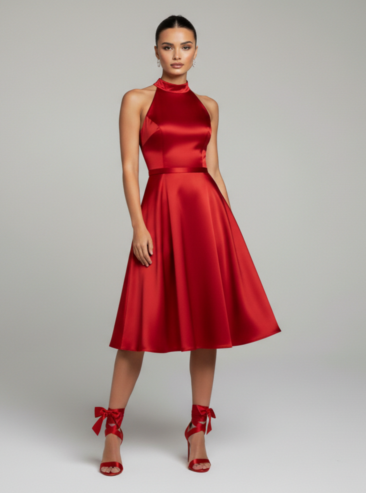 Woman wearing a red dress on a gray background