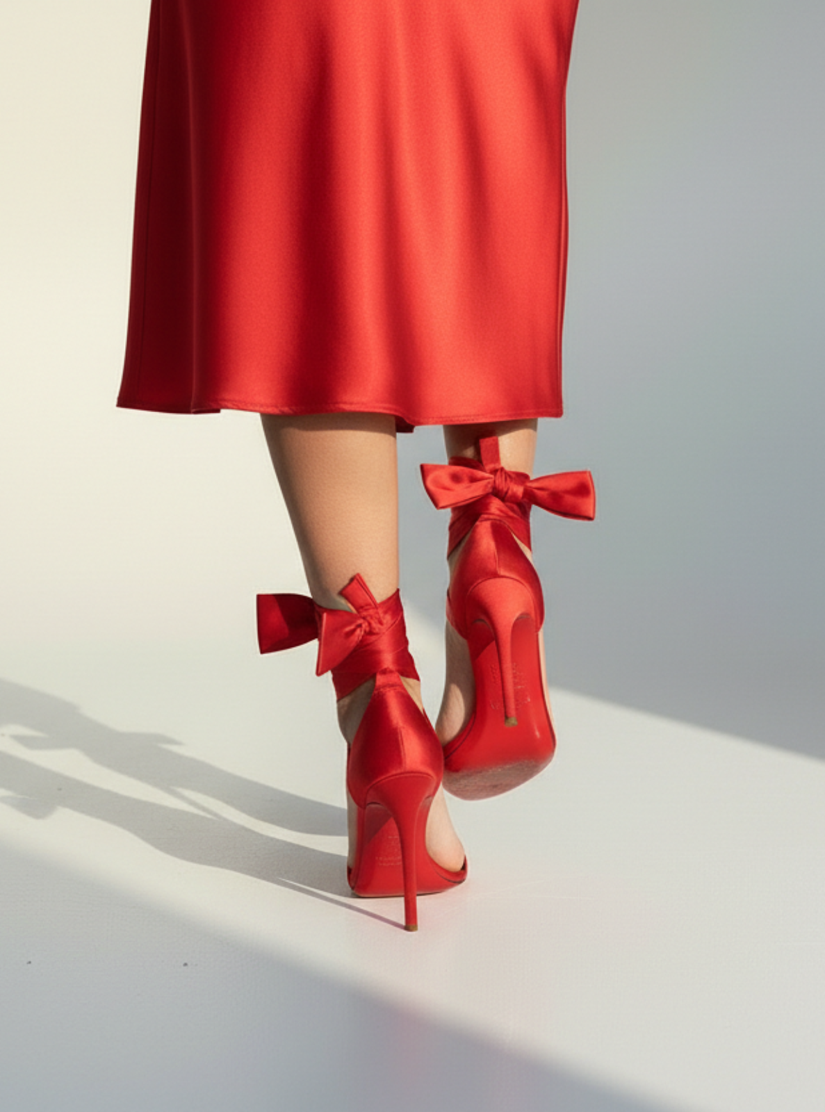Red high-heeled shoes with bows worn by a person in a red skirt on a white background