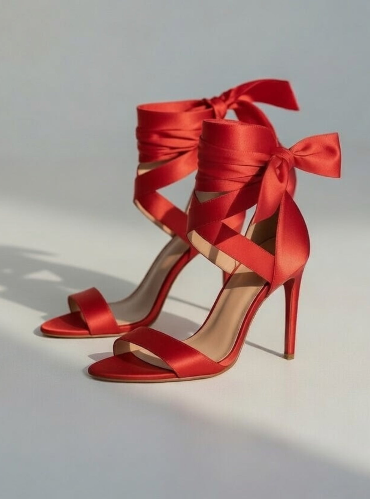 Red high-heeled shoes with ribbons on a light gray background