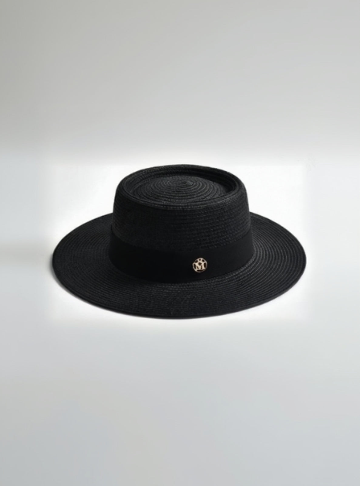 Black straw hat with a logo on a white background