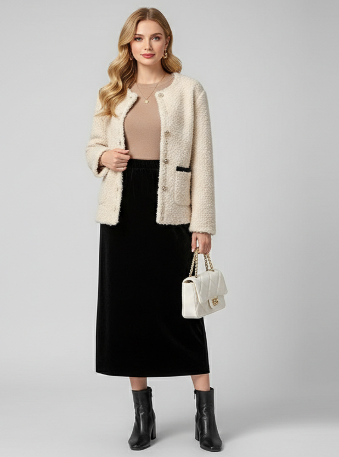 Woman wearing a beige cardigan, black dress, and black boots on a gray background