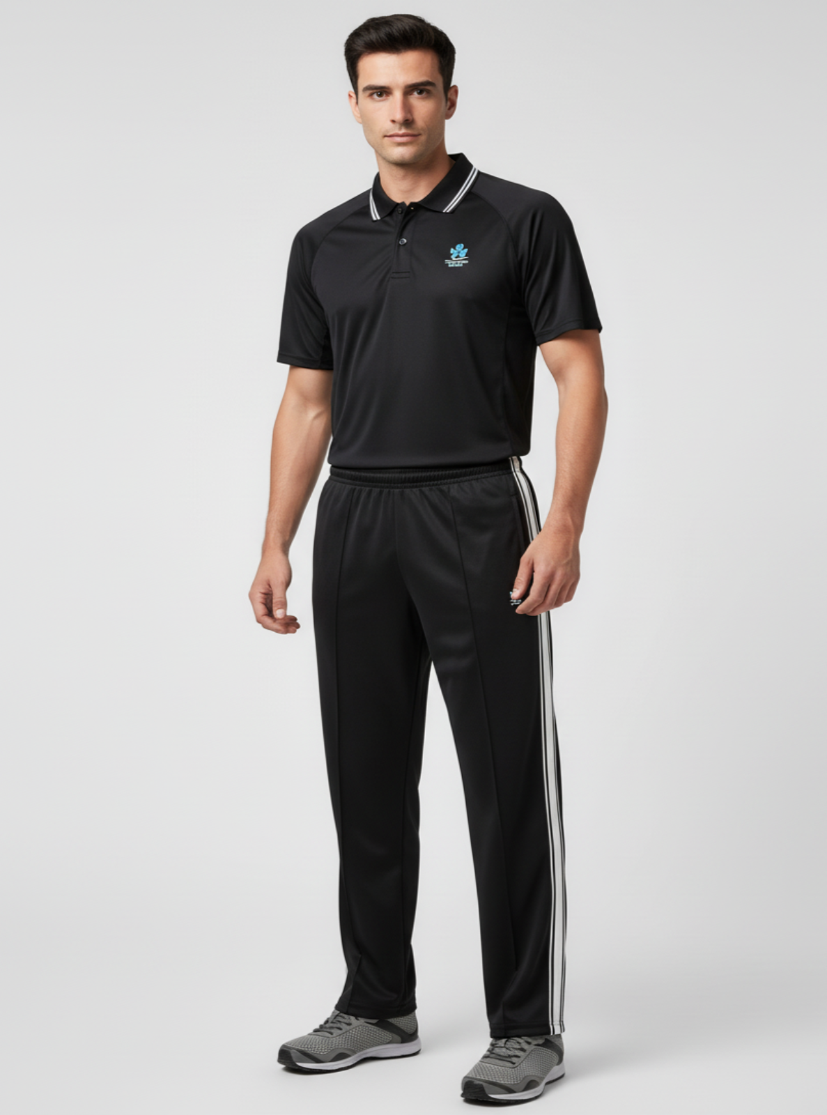 Man wearing a black polo shirt and black pants with white stripes on a light gray background