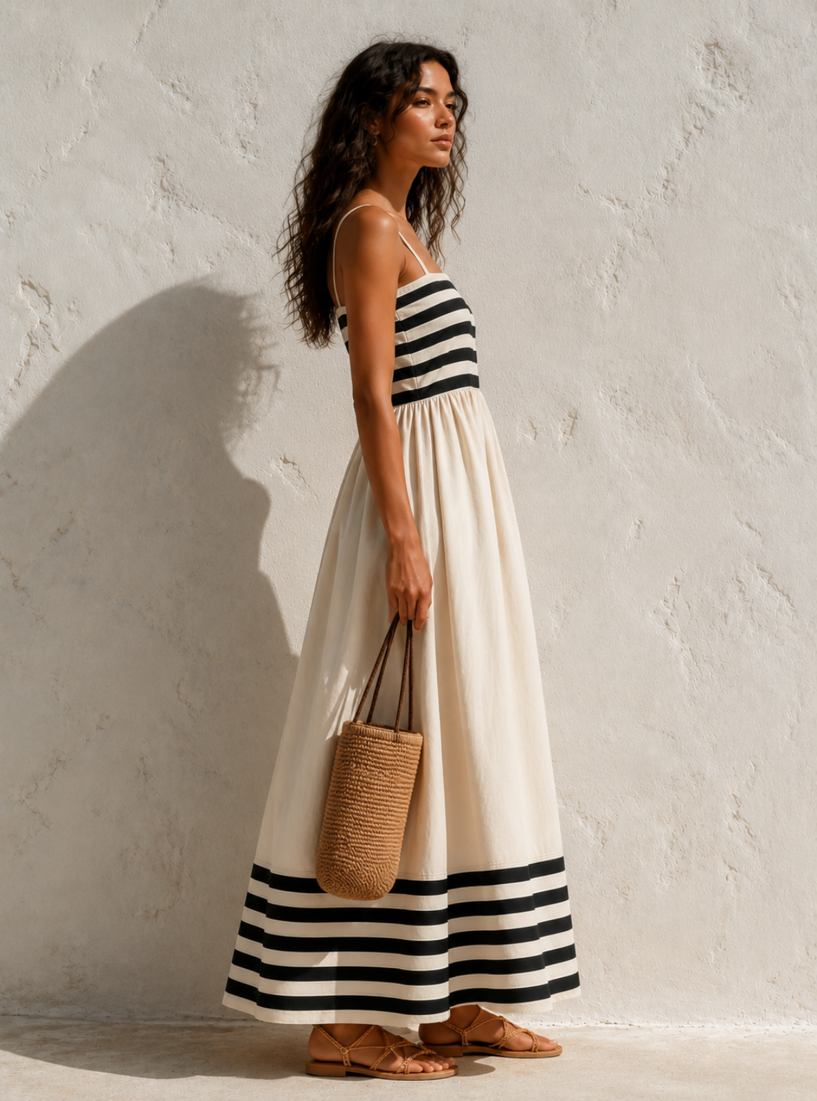 A woman stands in profile against a textured white wall, wearing a sleeveless maxi dress with black and white horizontal stripes at the bodice and hem. She is holding a woven straw tote bag and wearing brown strappy sandals.