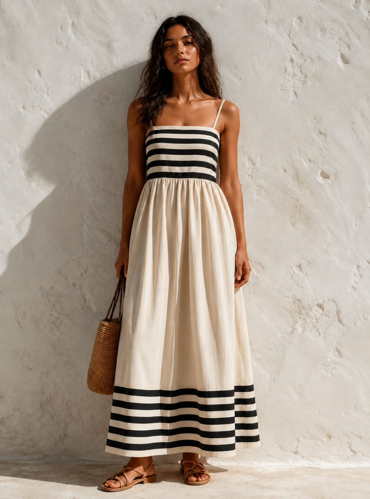 A woman stands against a textured white wall wearing a sleeveless maxi dress with black and off-white horizontal stripes, holding a woven straw bag.